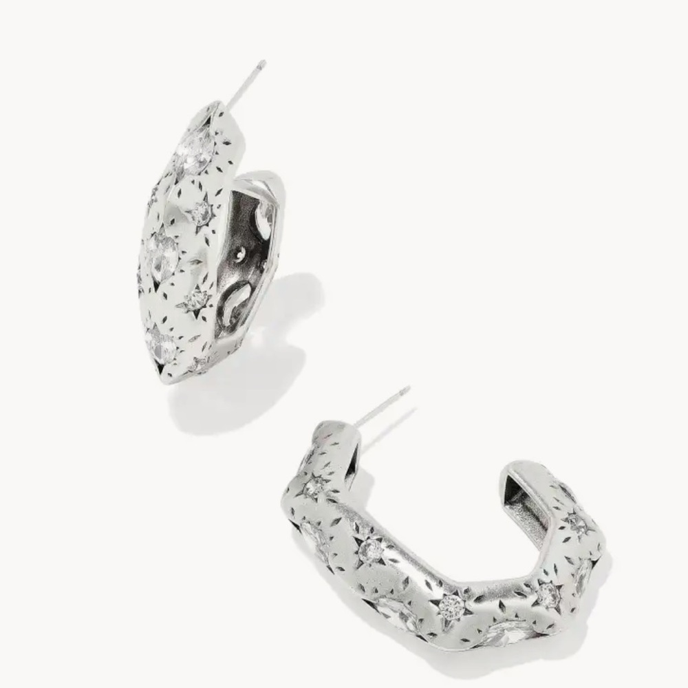 NWT Kendra Scott Holland Vintage Silver Hoop Earrings In White Crystal - Picture 4 of 10
